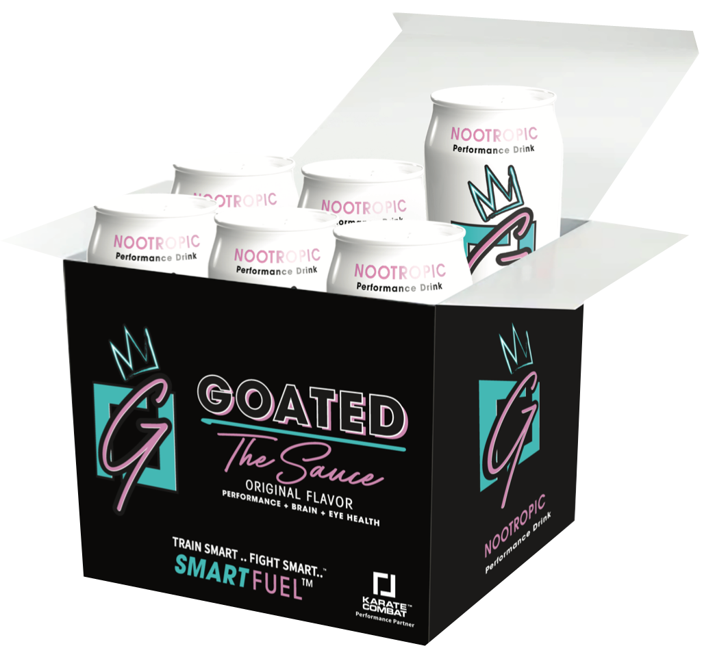 GOATED The Sauce 12 pack box, open, with cans inside